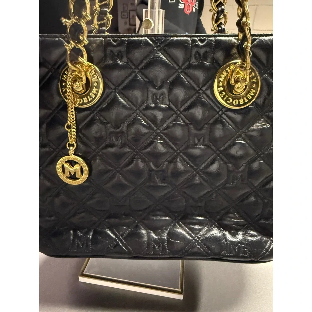 Metrocity Black Quilted Leather‎ Tote Bag Gold Hardware Logo Charm Shoulder Bag